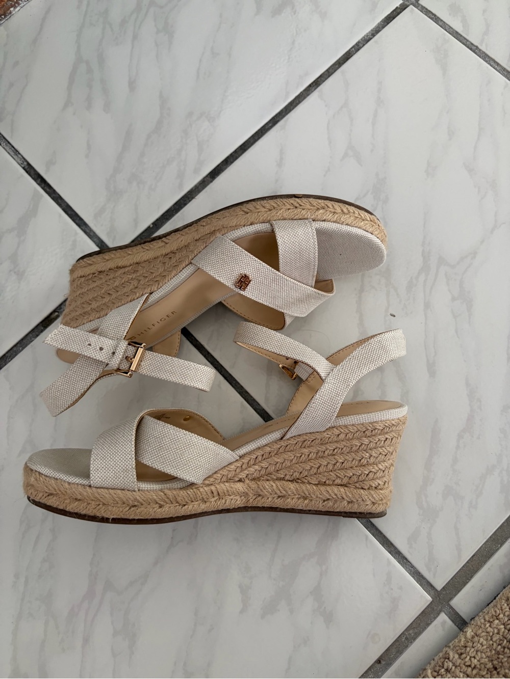 Tommy Hilfiger Cream Espadrille Wedge Sandals with Gold Buckle